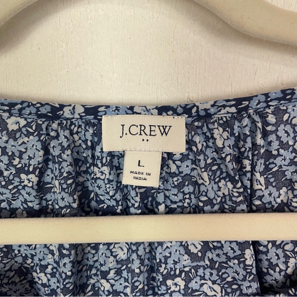 J. Crew V-Neck Popover Top Blue Floral Ruffles Balloon Sleeves Cottage Peasant L - Picture 10 of 13